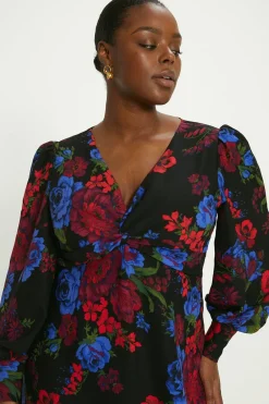 Online Oasis Plus Size Floral Printed Twist Front Crepe Midi Dress Black