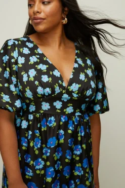 Clearance Oasis Plus Size Floral Puff Sleeve Scuba Midi Dress Black