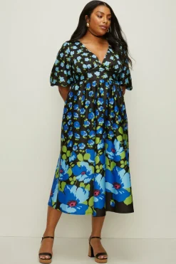 Clearance Oasis Plus Size Floral Puff Sleeve Scuba Midi Dress Black