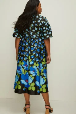 Clearance Oasis Plus Size Floral Puff Sleeve Scuba Midi Dress Black
