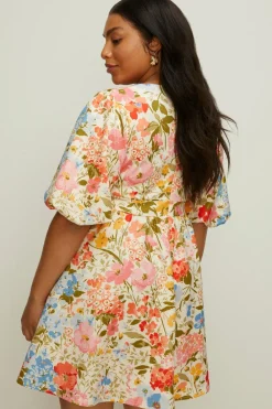 Online Oasis Plus Size Floral Scuba Puff Sleeve Skater Dress Cream