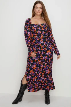 Clearance Oasis Plus Size Floral Square Neck Midi Dress Black