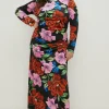 Clearance Oasis Plus Size Floral Velvet Funnel Neck Ruched Side Midi Dress Black