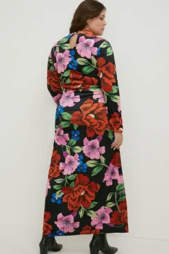 Clearance Oasis Plus Size Floral Velvet Funnel Neck Ruched Side Midi Dress Black