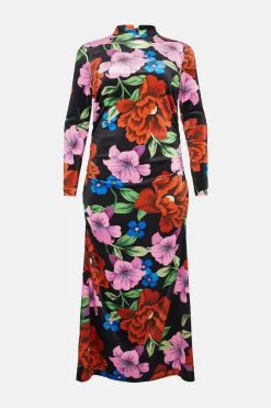 Clearance Oasis Plus Size Floral Velvet Funnel Neck Ruched Side Midi Dress Black