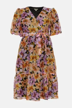 Hot Oasis Plus Size Floribunda Organza Wrap Midi Dress Black