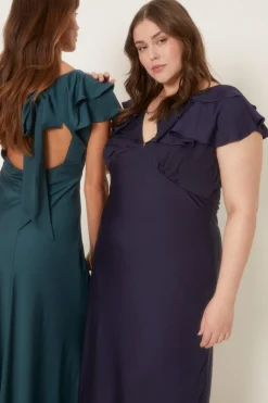 Hot Oasis Plus Size Frill Satin Bias Midaxi Dress Navy