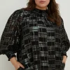 New Oasis Plus Size High Neck Metallic Floral Blouse Black