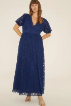Sale Oasis Plus Size Lace Puff Sleeve V Neck Midaxi Dress Navy