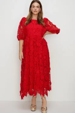 Hot Oasis Plus Size Lace Puff Sleeve Midi Dress Red