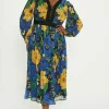 Discount Oasis Plus Size Large Floral Dobby V Neck Midi Dress Blue
