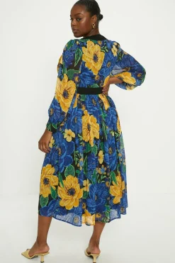 Discount Oasis Plus Size Large Floral Dobby V Neck Midi Dress Blue