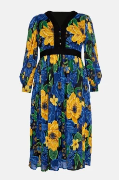 Discount Oasis Plus Size Large Floral Dobby V Neck Midi Dress Blue