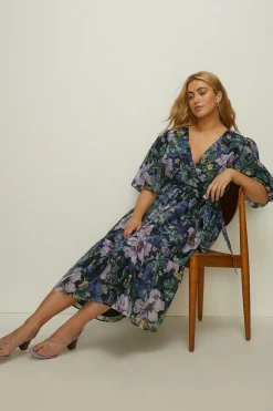 Hot Oasis Plus Size Lyanna Floral Organza Wrap Midi Dress Navy