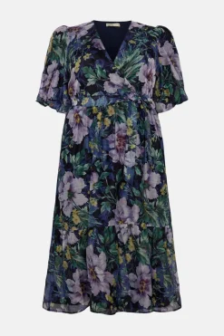 Hot Oasis Plus Size Lyanna Floral Organza Wrap Midi Dress Navy