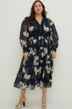 Hot Oasis Plus Size Magnolia Floral Dobby Lace V Neck Midi Dress Navy