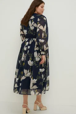 Hot Oasis Plus Size Magnolia Floral Dobby Lace V Neck Midi Dress Navy