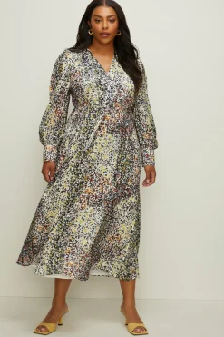 Sale Oasis Plus Size Mixed Printed Pussybow Midi Dress Multi