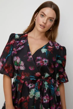Best Oasis Plus Size Painted Floral Organza Wrap Dress Black