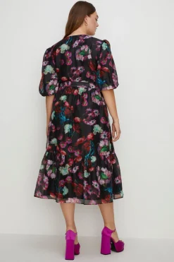 Best Oasis Plus Size Painted Floral Organza Wrap Dress Black