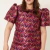 Hot Oasis Plus Size Patterned Jacquard Puff Sleeve Dress Pink