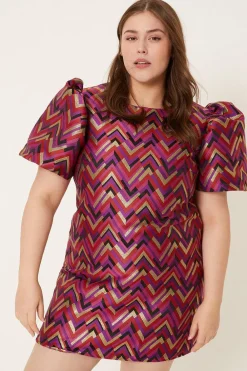 Hot Oasis Plus Size Patterned Jacquard Puff Sleeve Dress Pink