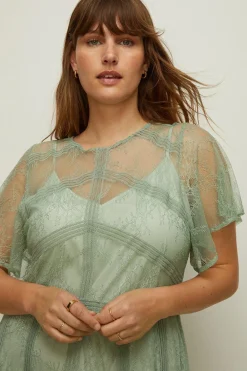 Discount Oasis Plus Size Premium Delicate Lace Maxi Dress Sage