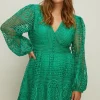Hot Oasis Plus Size Premium Lace V Neck Skater Dress Bright Green