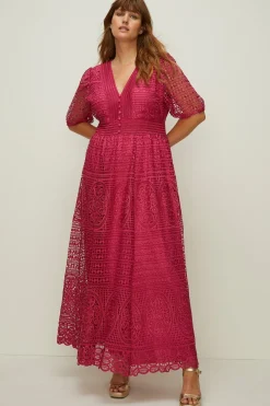 Clearance Oasis Plus Size Premium Lace V Neck Maxi Dress Magenta