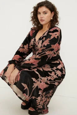 Online Oasis Plus Size Printed Velvet Devore Ruched Dress Black