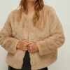 Fashion Oasis Plus Size Recycled Faux Fur Collarless Coat Camel