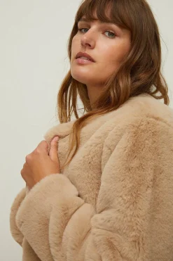 Fashion Oasis Plus Size Recycled Faux Fur Collarless Coat Camel