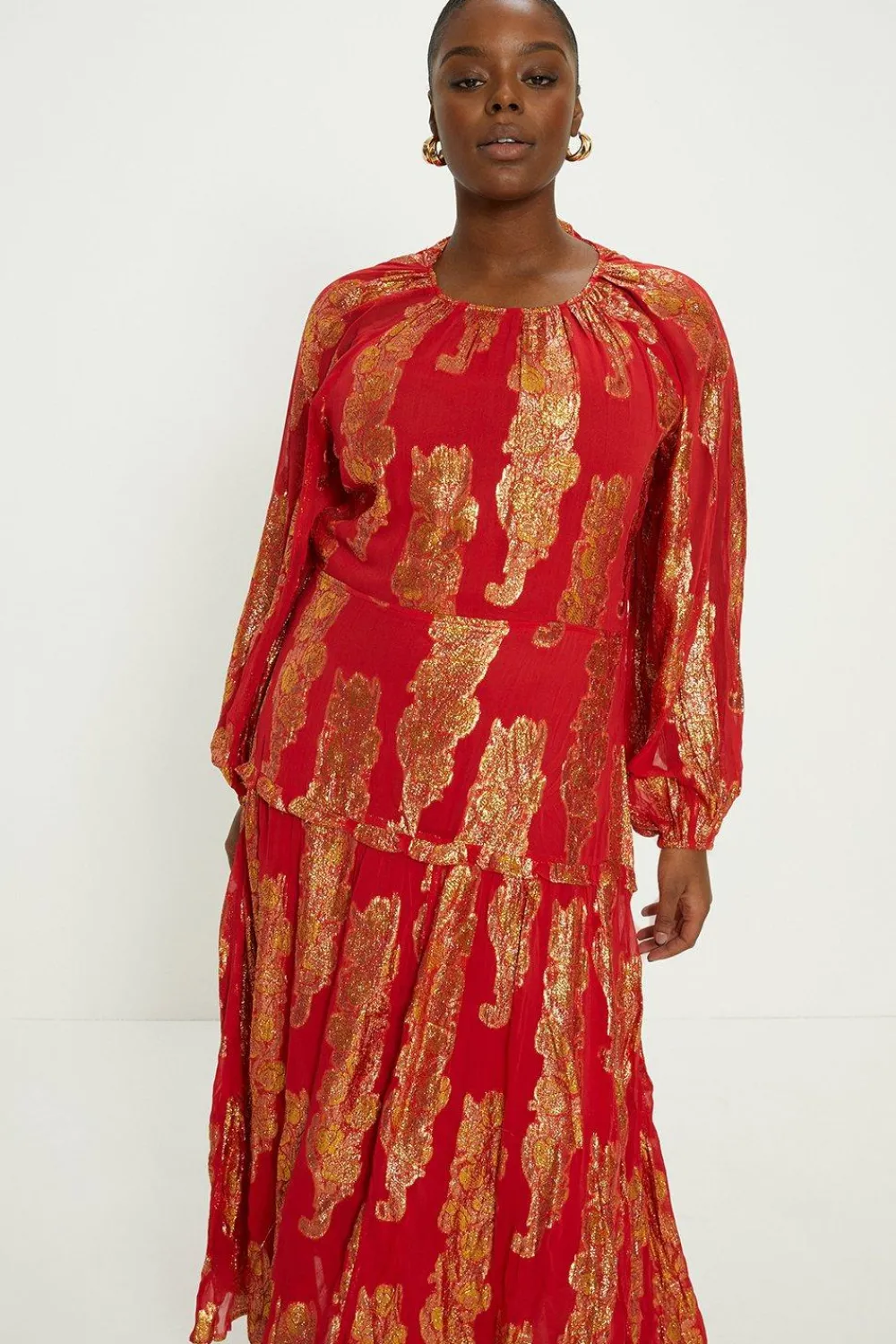 Clearance Oasis Plus Size Shimmer Jacquard Midi Dress Red