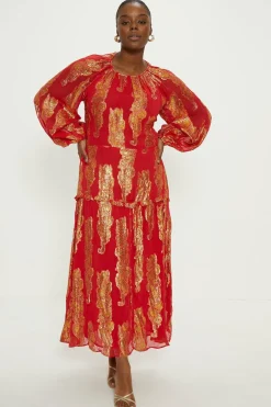 Clearance Oasis Plus Size Shimmer Jacquard Midi Dress Red