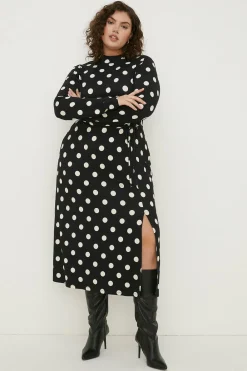 Hot Oasis Plus Size Spot Funnel Neck Belted Midi Black