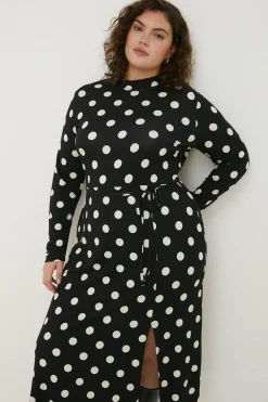 Hot Oasis Plus Size Spot Funnel Neck Belted Midi Black