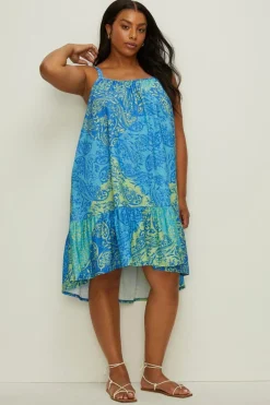 Sale Oasis Plus Size Textured Scarf Print Tie Back Mini Dress Blue