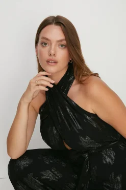 New Oasis Plus Size Tie Front Metallic Jumpsuit Black