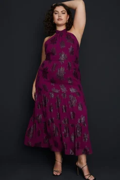 Hot Oasis Plus Size Tiered Halter Neck Metallic Dress Berry