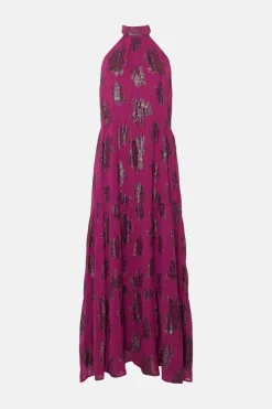 Hot Oasis Plus Size Tiered Halter Neck Metallic Dress Berry