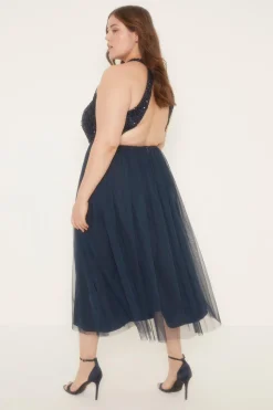 Outlet Oasis Plus Size Tonal Sequin Halterneck Midi Dress Navy