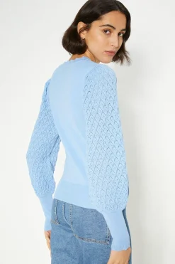 Clearance Oasis Pointelle Detail Mutton Sleeve Jumper Blue