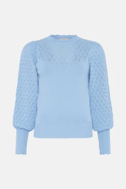 Clearance Oasis Pointelle Detail Mutton Sleeve Jumper Blue