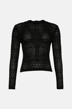 New Oasis Pointelle Scallop Neck Knitted Top Ivory