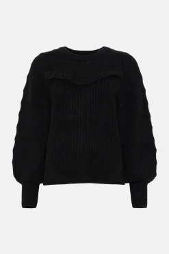 Fashion Oasis Pointelle Yoke Frill Detail Jumper Blue