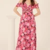 Online Oasis Pop Floral Frill Lace Trim Midaxi Dress Hot Pink