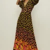 Clearance Oasis Poppy Border Printed V Plunge Midi Dress Orange