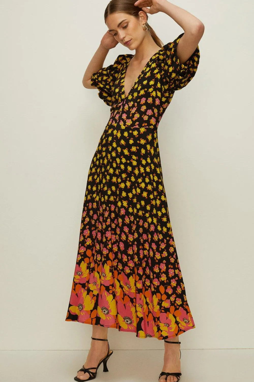 Clearance Oasis Poppy Border Printed V Plunge Midi Dress Orange