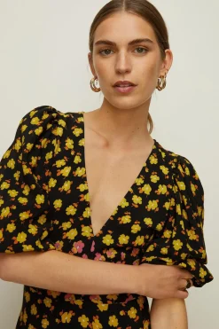 Clearance Oasis Poppy Border Printed V Plunge Midi Dress Orange