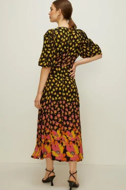 Clearance Oasis Poppy Border Printed V Plunge Midi Dress Orange